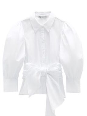 Zara White Puff-Sleeve Button-Front Shirt with Waist Tie